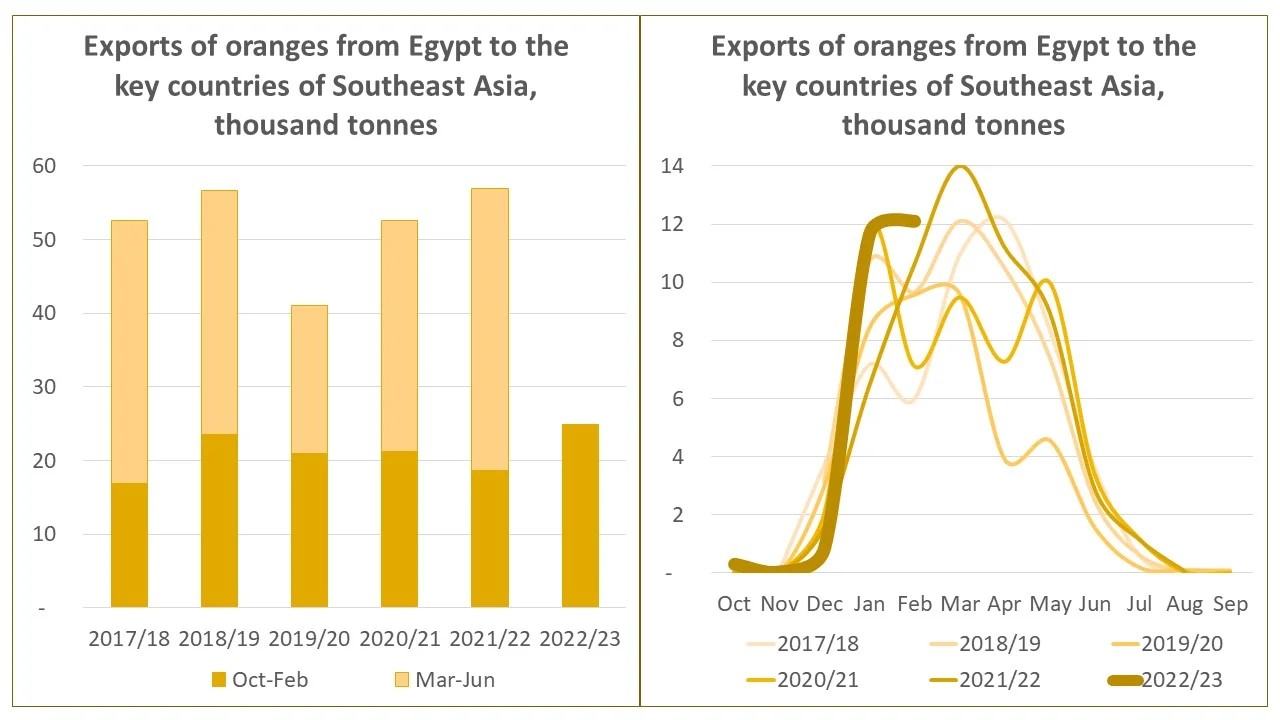 יצוא תפוזים ממצרים למדינות דרום אסיה בטונות