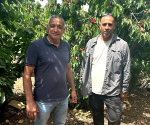 מימין טוני עלם חקלאי ותיק גוש חלב ירון בלחסן מנכל ארגון מגדלי הפירות בישראל