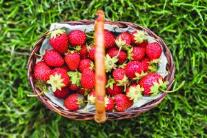 top view tasty strawberry basket