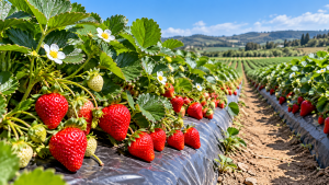 Sunlit Strawberry Field Rows